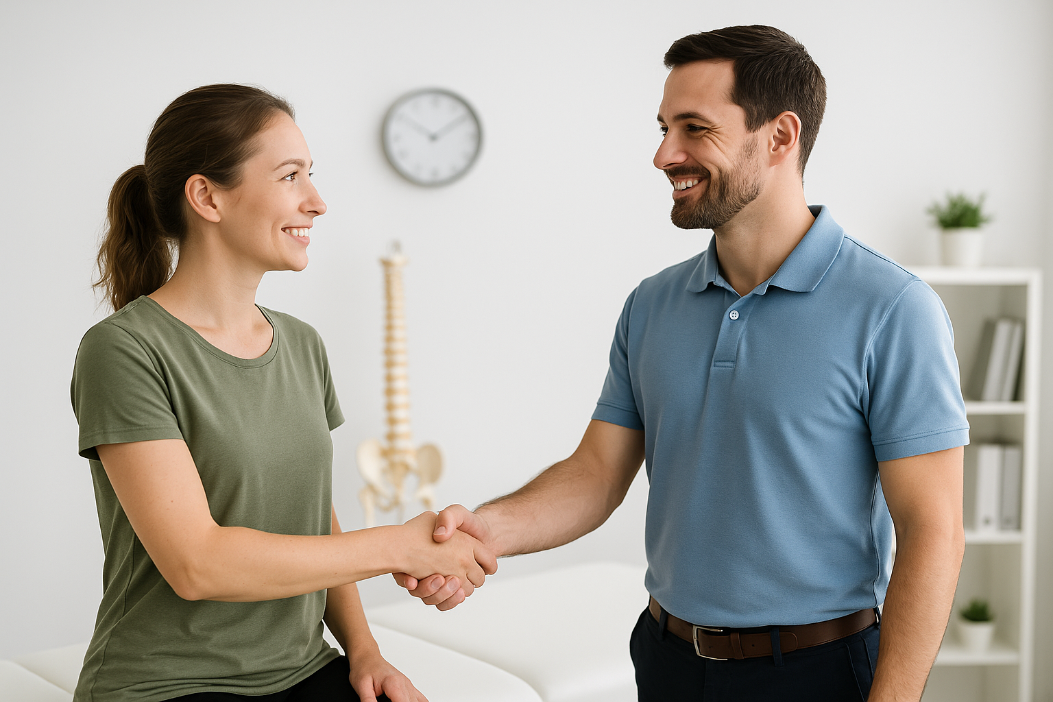 A chiropractor shakes hands with a new patient in a modern, bright clinic, both smiling in a friendly greeting.