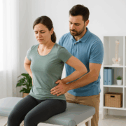 A chiropractor gently adjusts a patient’s lower back in a modern clinic, both centered in frame.