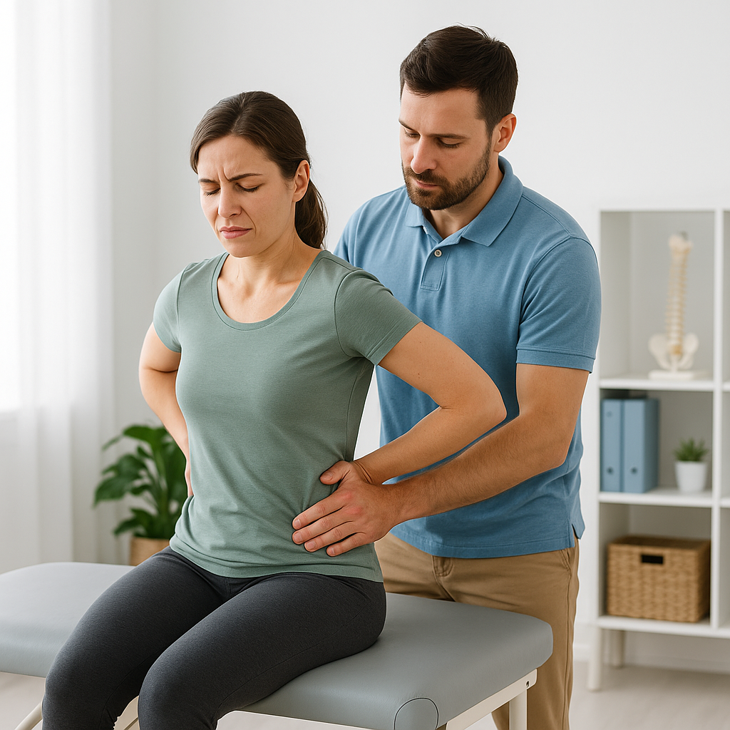 A chiropractor gently adjusts a patient’s lower back in a modern clinic, both centered in frame.