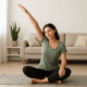 A woman performs a seated side stretch on a yoga mat in a bright living room to promote spinal flexibility.